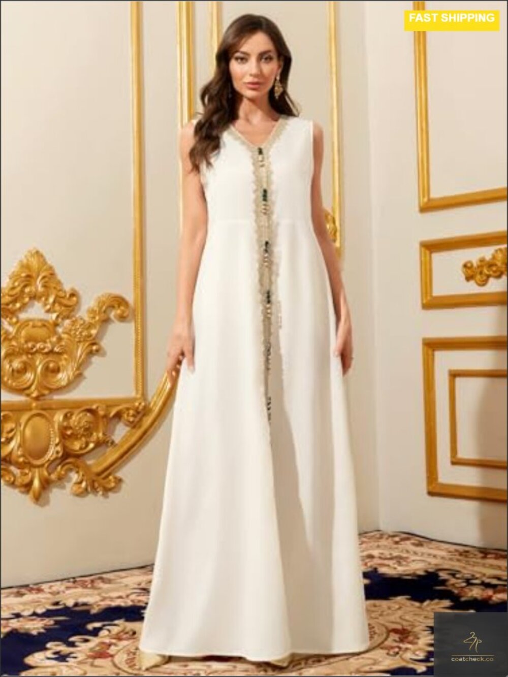 Embroidered Modest Maxi Dress Long Sleeve V-Neck Abaya Kaftan Formal Event - Picture 5 of 5
